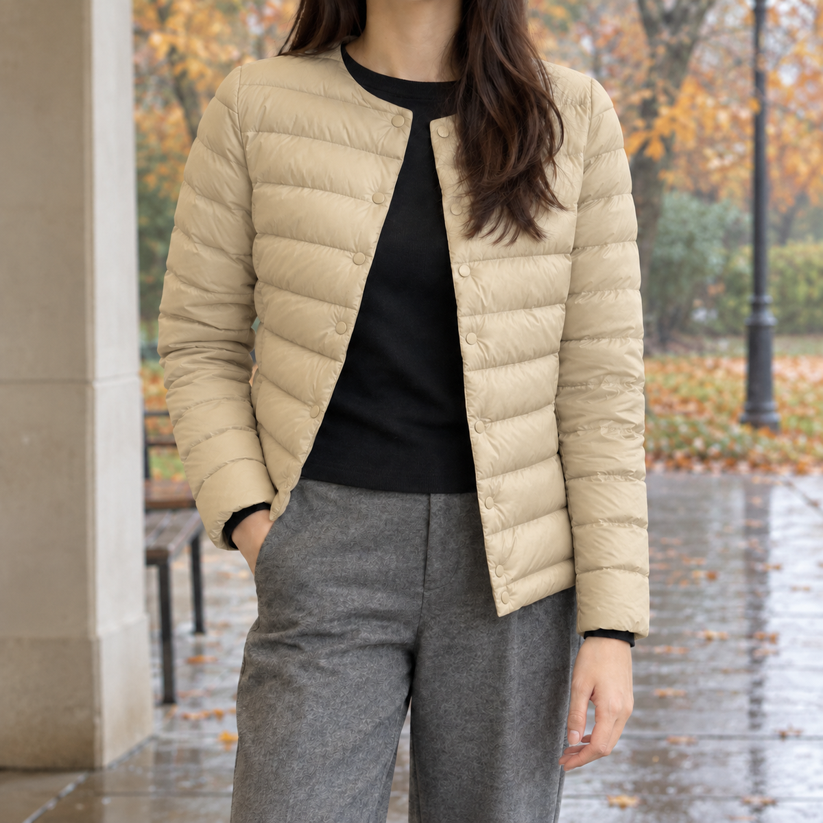 Damen Steppjacke mit Druckknopfverschluss – Slim Fit