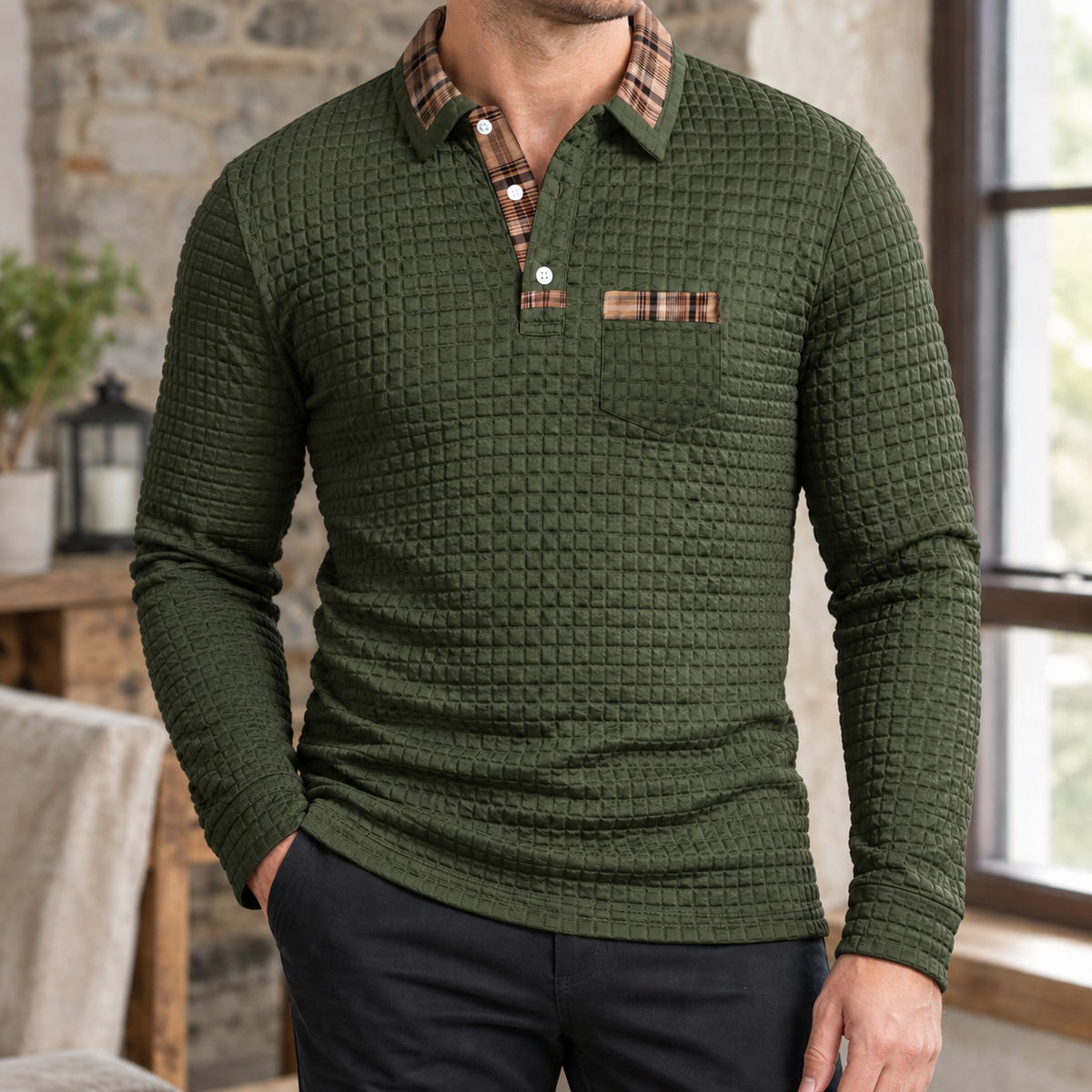 Herren Poloshirt Langarm kariert – Slim Fit