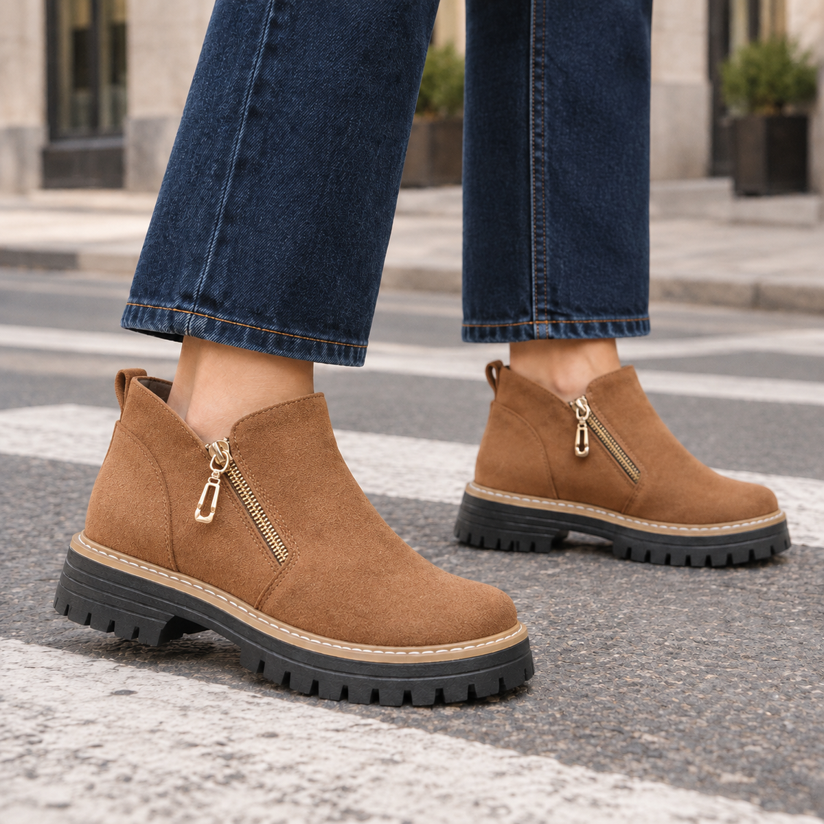 Damen Stiefeletten in Wildlederoptik mit Profilsohle