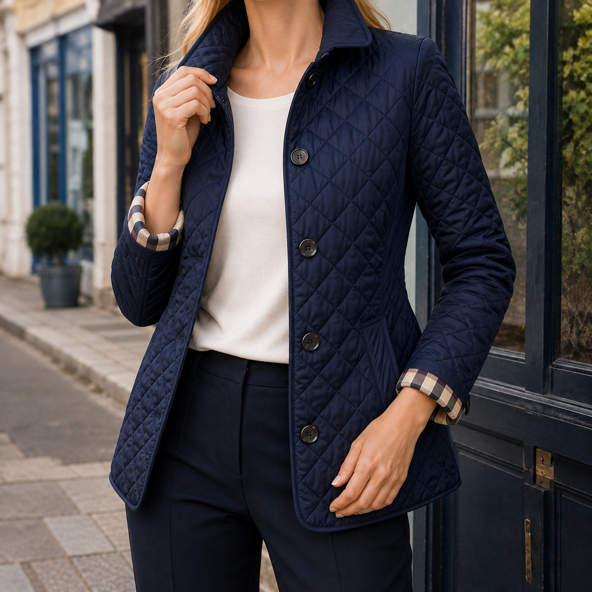 Damen Steppjacke mit karierten Bündchen – Regular Fit