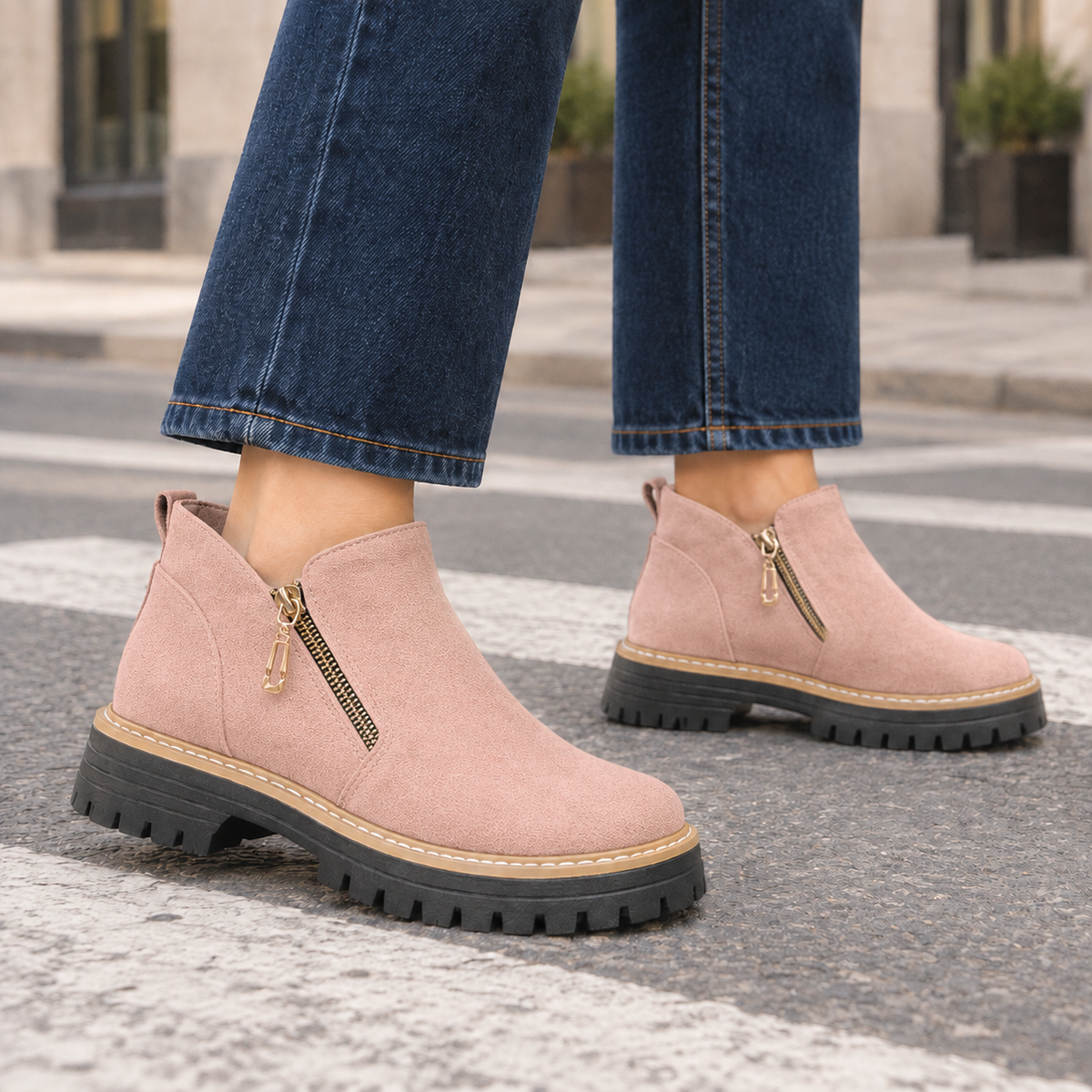 Damen Stiefeletten in Wildlederoptik mit Profilsohle