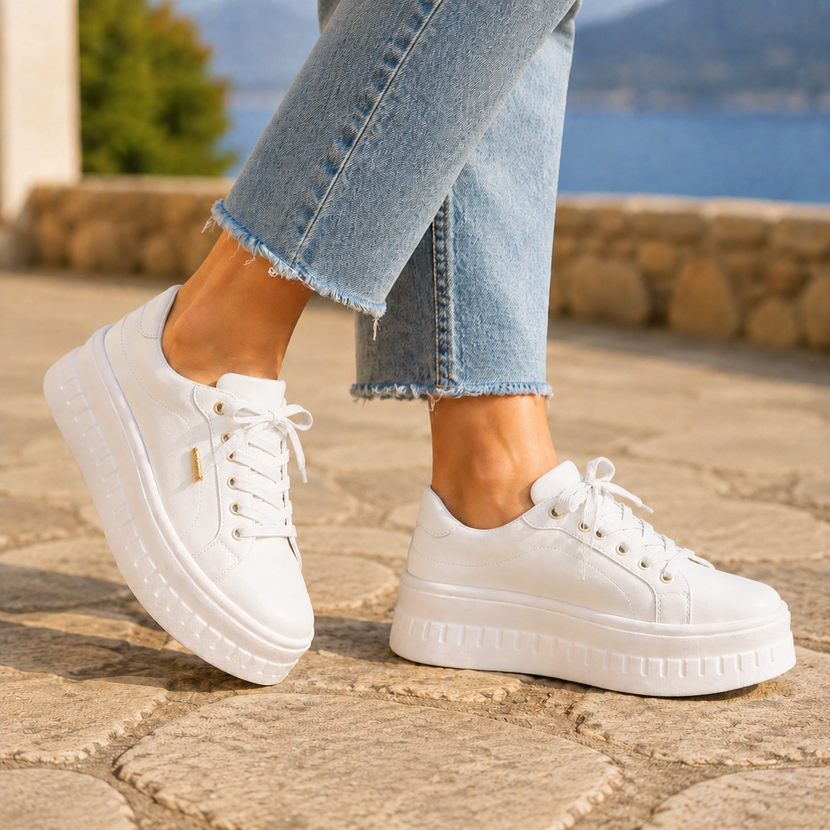 Damen Sneaker mit Plateausohle und Schnürung
