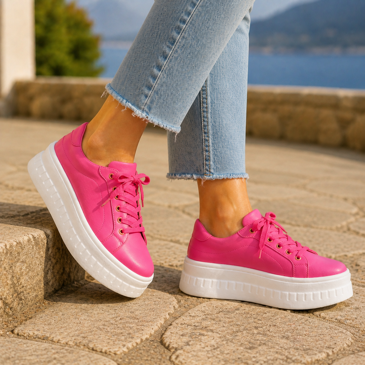 Damen Sneaker mit Plateausohle und Schnürung