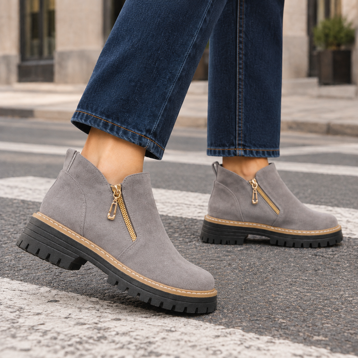 Damen Stiefeletten in Wildlederoptik mit Profilsohle