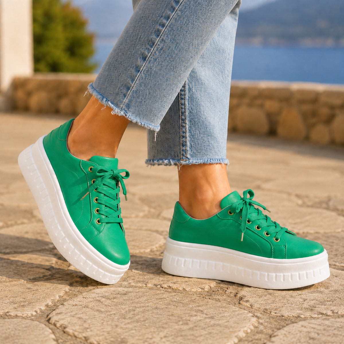 Damen Sneaker mit Plateausohle und Schnürung