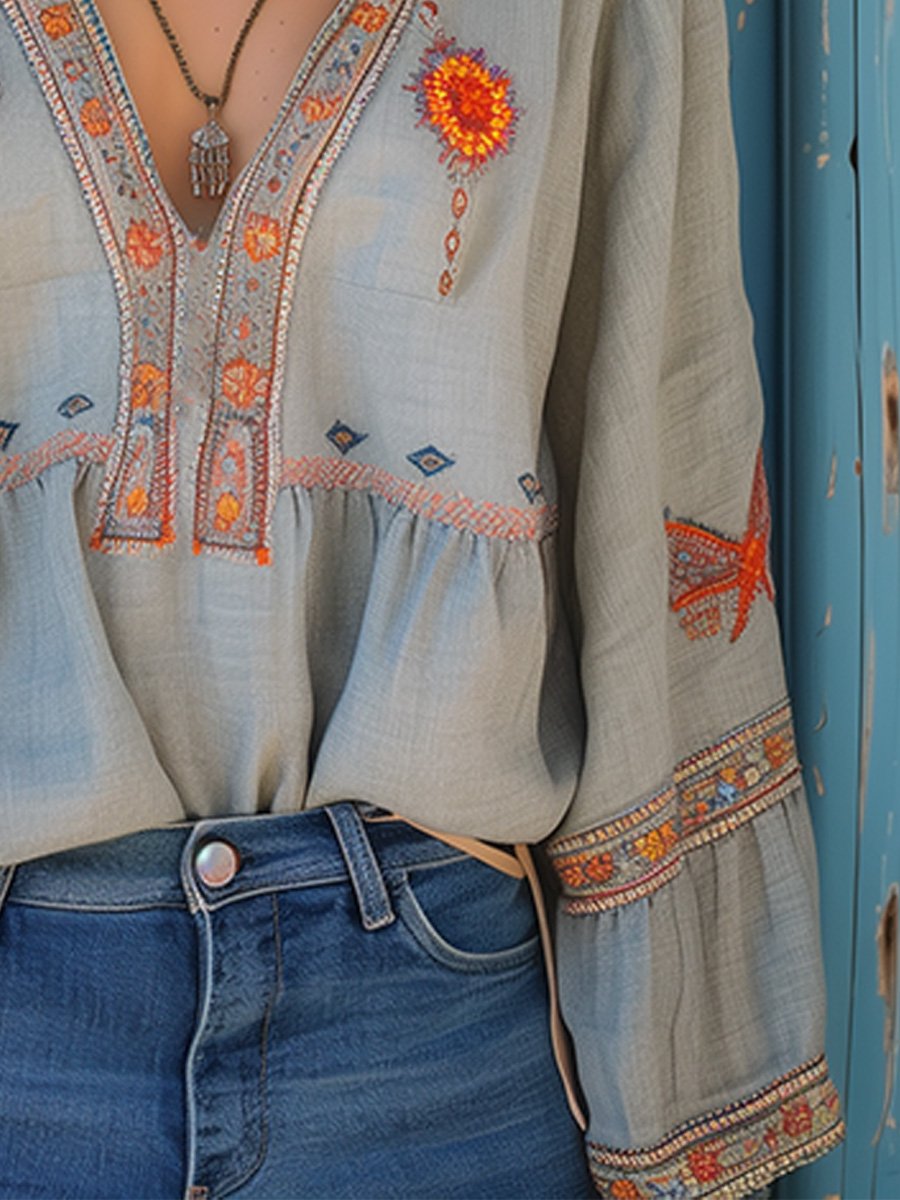 Damen Bluse Boho Stickerei V-Ausschnitt Sommer Casual