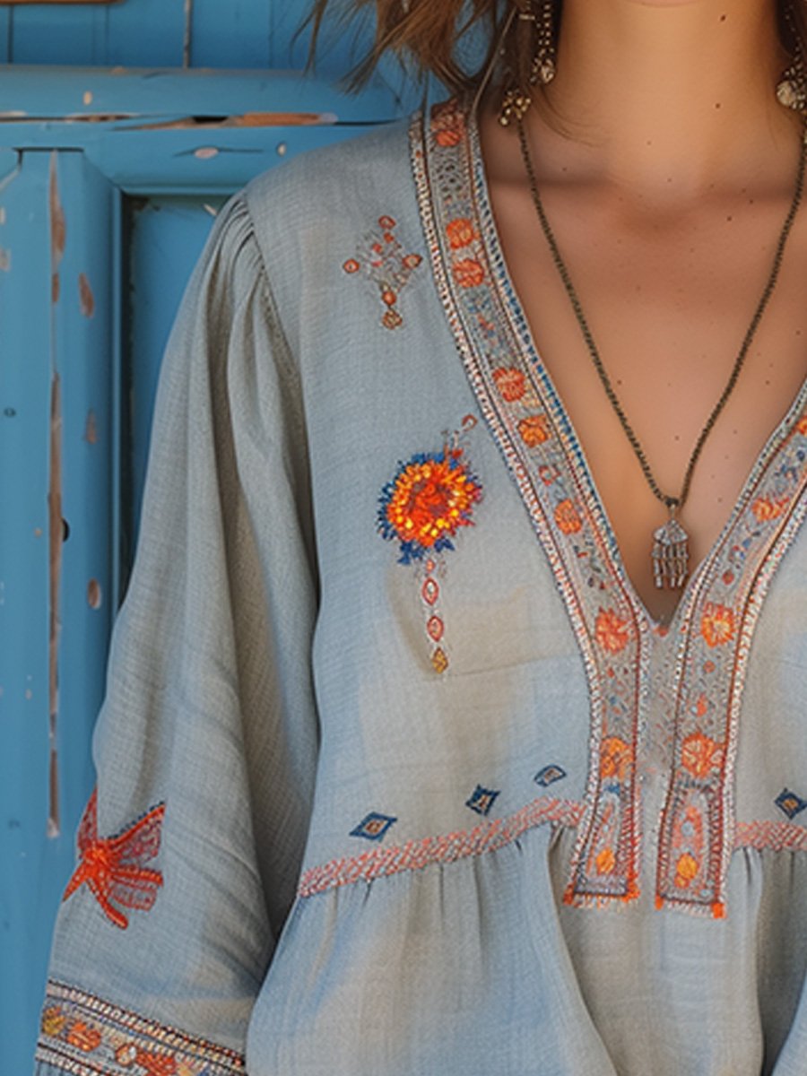 Damen Bluse Boho Stickerei V-Ausschnitt Sommer Casual