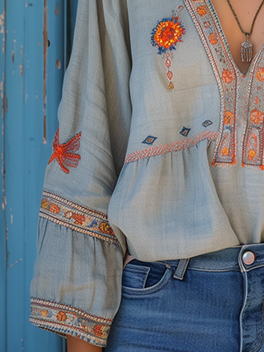 Damen Bluse Boho Stickerei V-Ausschnitt Sommer Casual