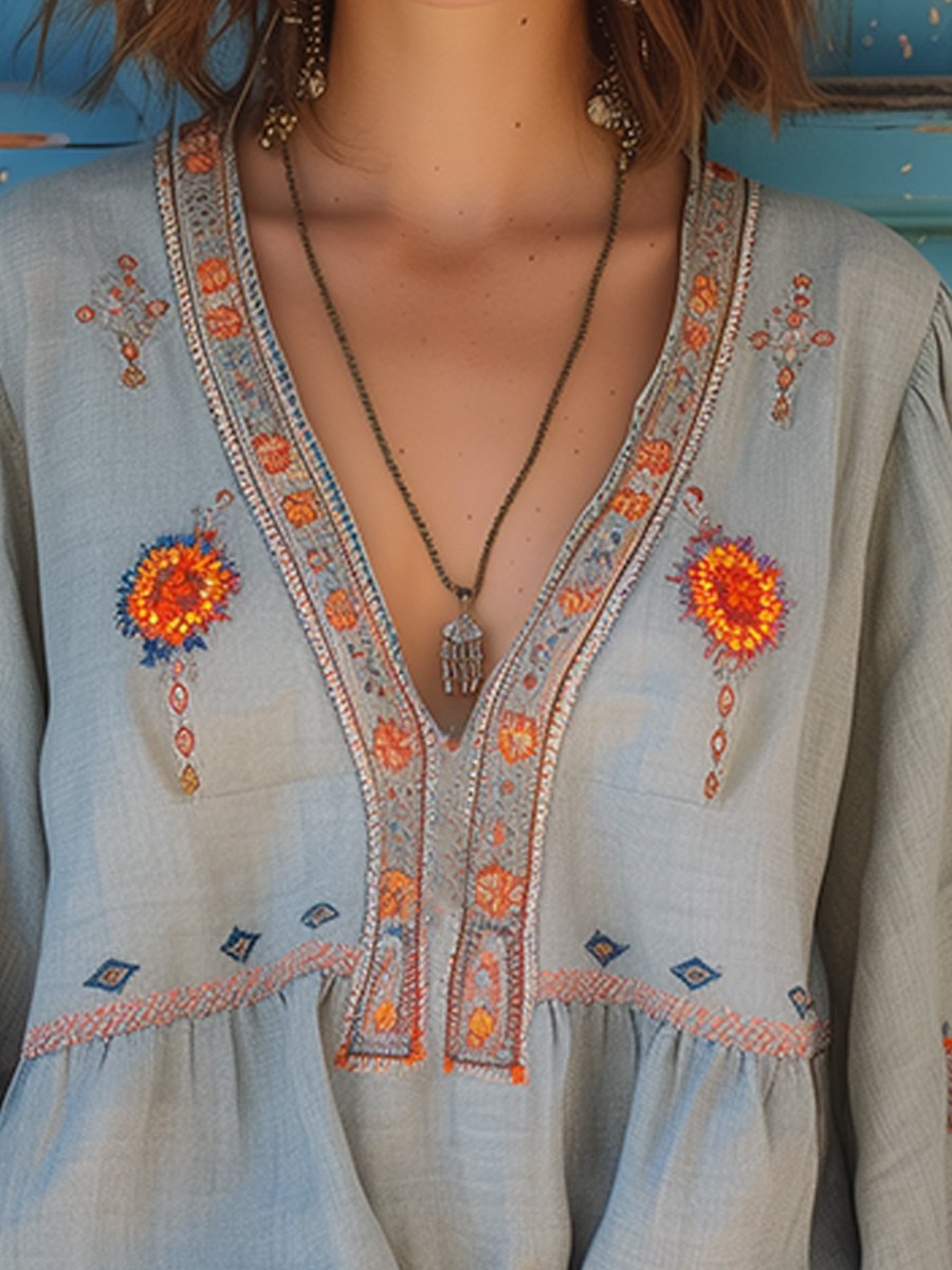 Damen Bluse Boho Stickerei V-Ausschnitt Sommer Casual