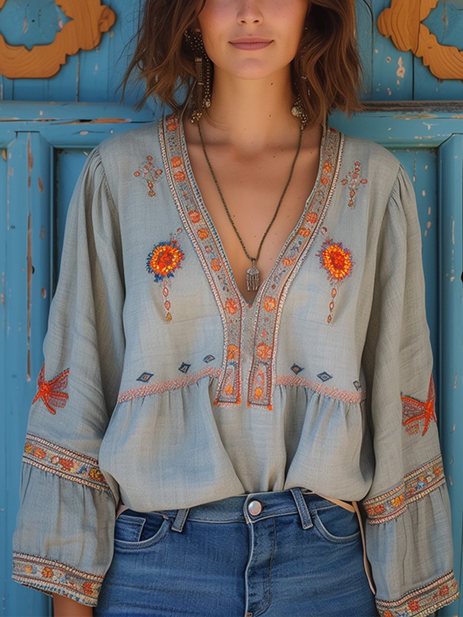 Damen Bluse Boho Stickerei V-Ausschnitt Sommer Casual