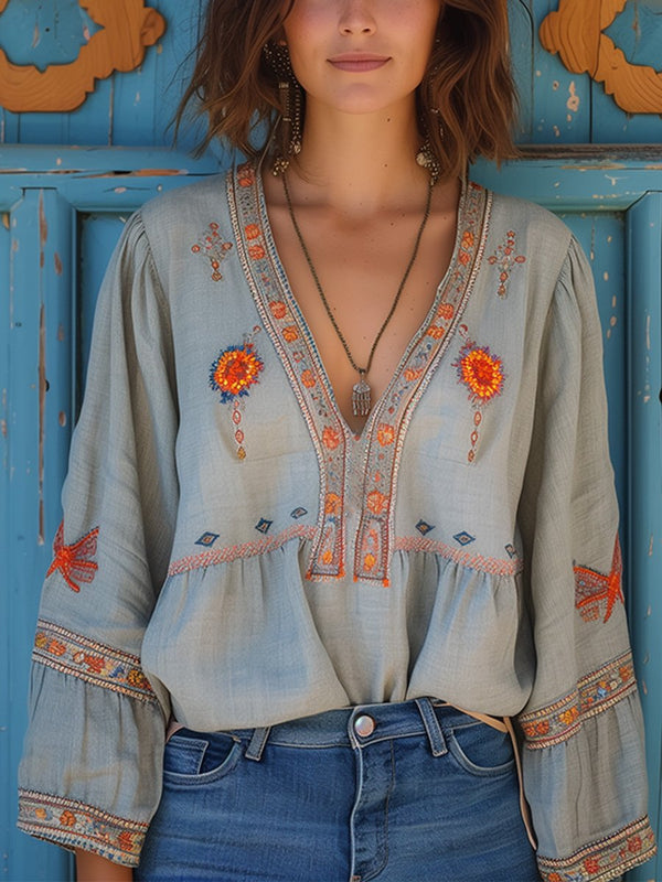 Damen Bluse Boho Stickerei V-Ausschnitt Sommer Casual