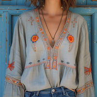 Damen Bluse Boho Stickerei V-Ausschnitt Sommer Casual