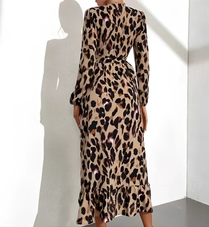Damen V-Ausschnitt Kleid Regular Fit Freizeit Leopardenmuster