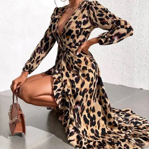 Damen V-Ausschnitt Kleid Regular Fit Freizeit Leopardenmuster