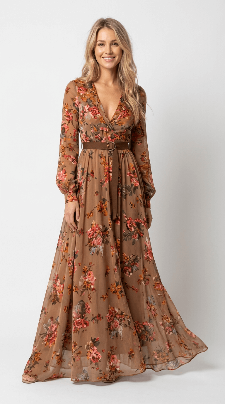 Damen Maxikleid Regular Fit Boho Freizeit Langarm