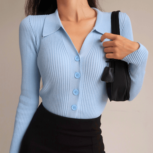 Damen Rippstrick-Top mit Knopfleiste und Spitzkragen