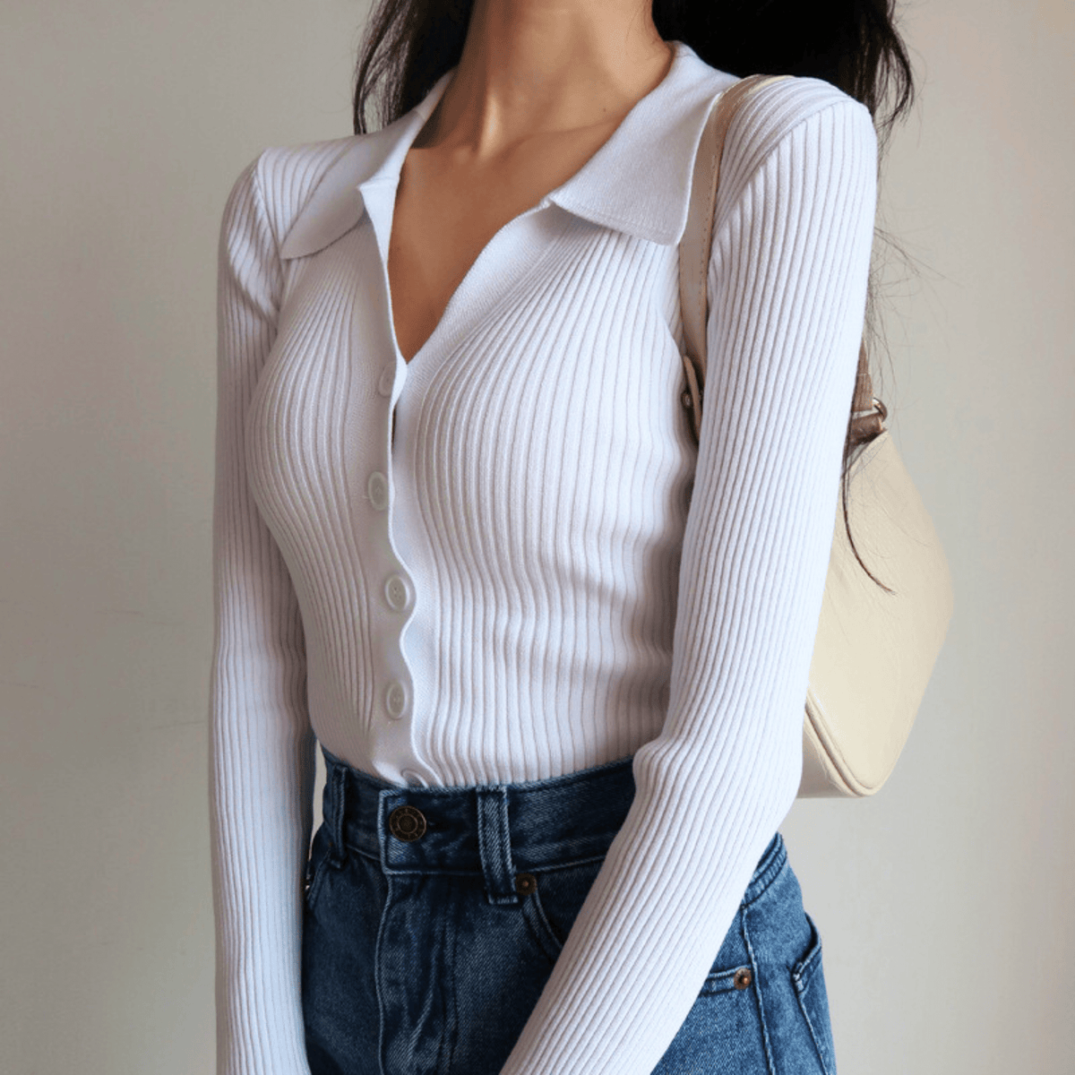 Damen Rippstrick-Top mit Knopfleiste und Spitzkragen