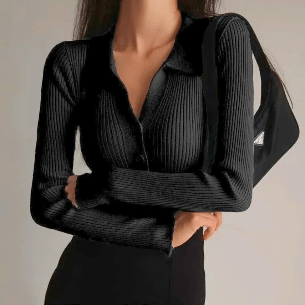 Damen Rippstrick-Top mit Knopfleiste und Spitzkragen