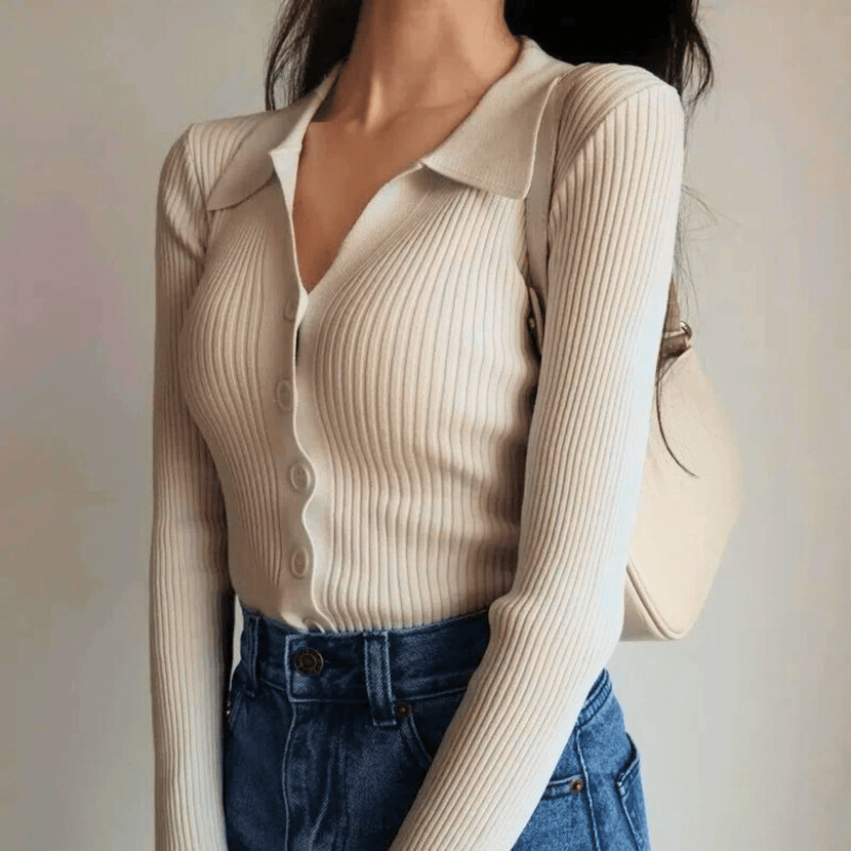 Damen Rippstrick-Top mit Knopfleiste und Spitzkragen