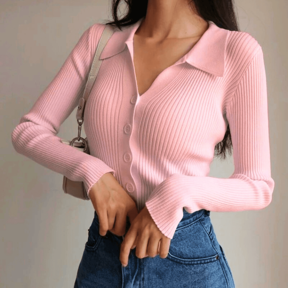 Damen Rippstrick-Top mit Knopfleiste und Spitzkragen
